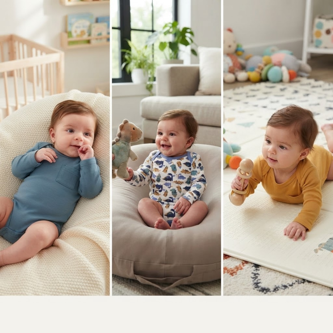 Three-panel collage showing babies using a soft round floor cushion in a bright nursery or playroom. Left panel: baby lying on the cushion in a blue outfit.