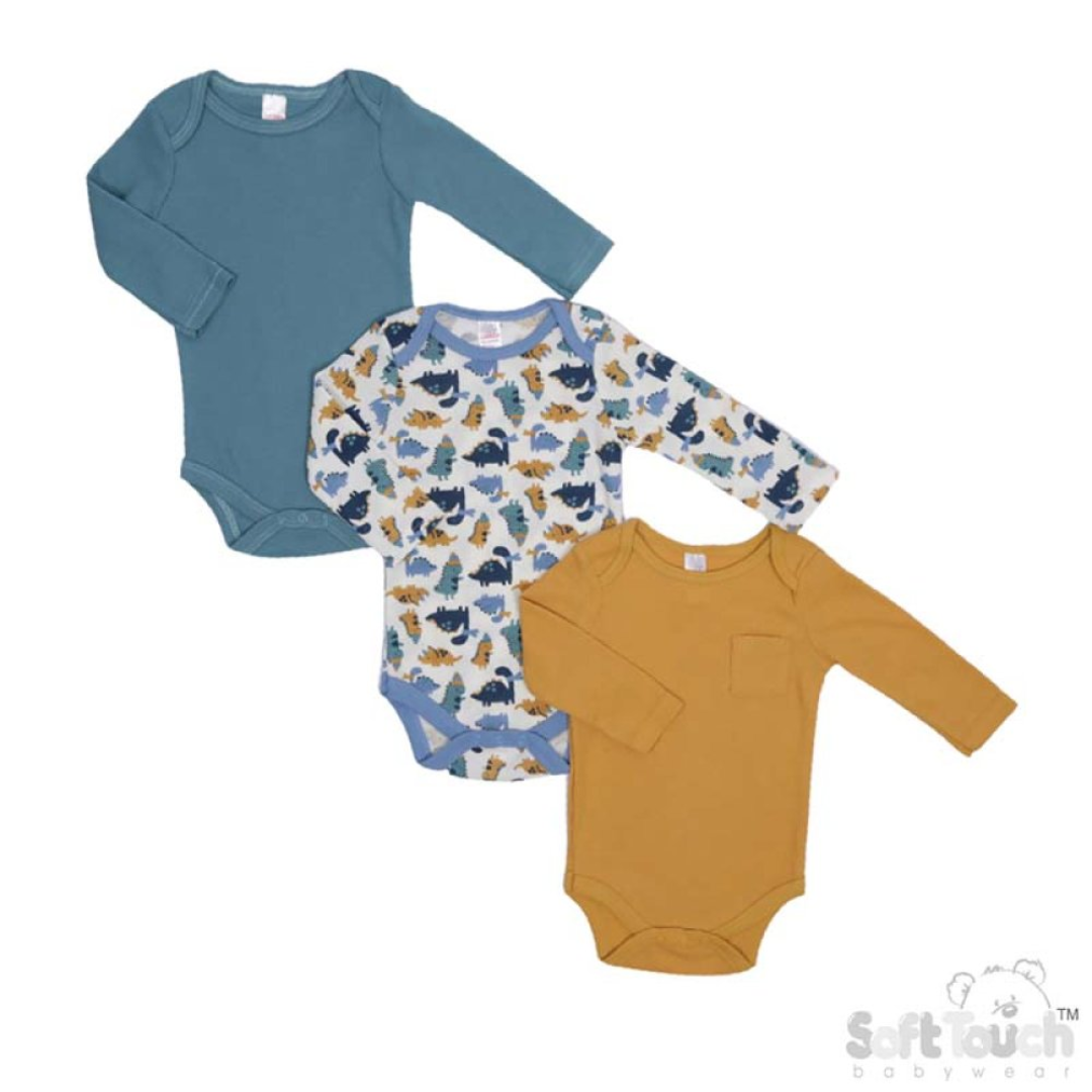 Three baby bodysuits in blue, patterned, and mustard yellow on a white background with 'Soft Touch' branding.