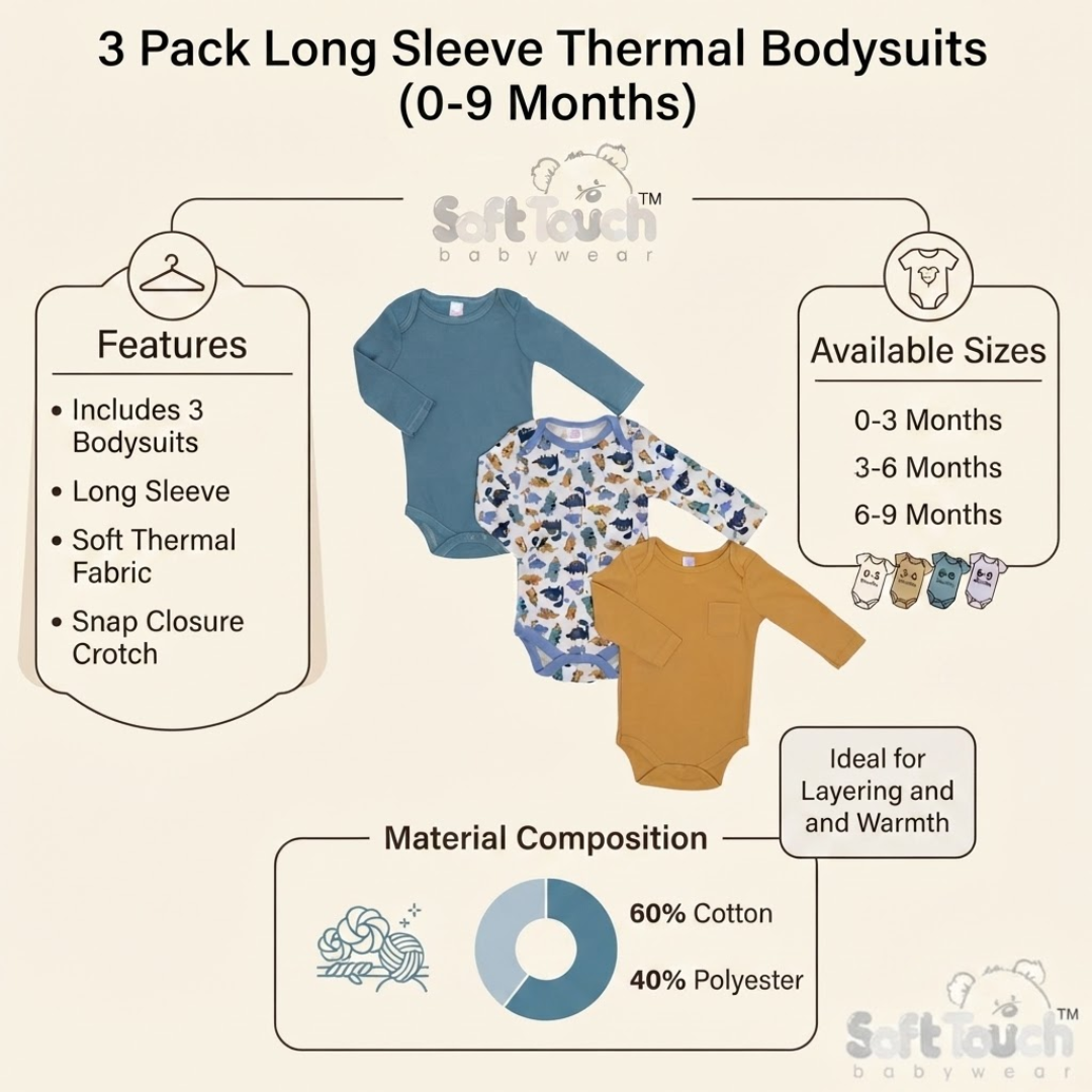 A product infographic for a 3-pack of long-sleeve thermal bodysuits for babies 0-9 months by Soft Loung Babywear. The image shows three bodysuits (blue, blue patterned, and mustard yellow) along with informational callouts detailing features, available sizes, material composition (60% cotton, 40% polyester), and a color swatch area.