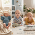 A three-panel collage showing a baby in different poses wearing soft, coordinated outfits. The left panel shows the baby lying on a cream blanket in a blue long-sleeve bodysuit.