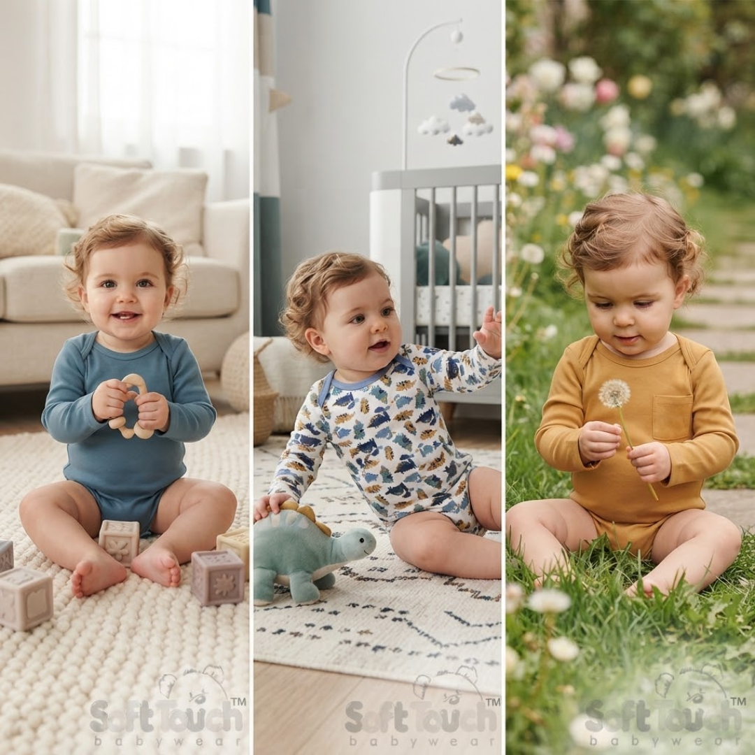 Three-panel collage showing a baby wearing long-sleeve babywear in different settings: a blue one-piece indoors on a rug, a blue-and-white patterned one-piece on a mat, and a mustard yellow one-piece outdoors in a garden. The image includes a visible 'soft cult babywear' watermark at the bottom.