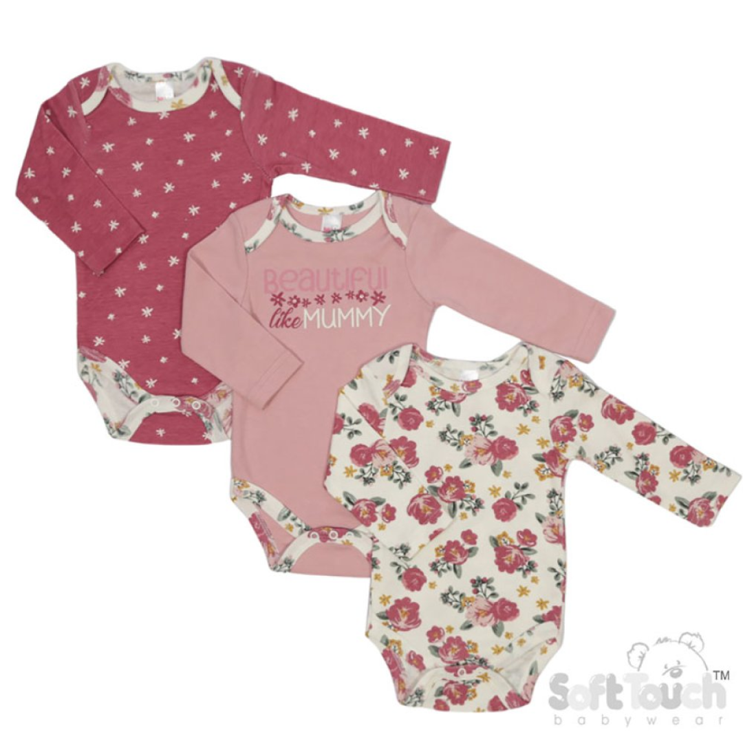 Three baby bodysuits with floral and text designs on a white background
