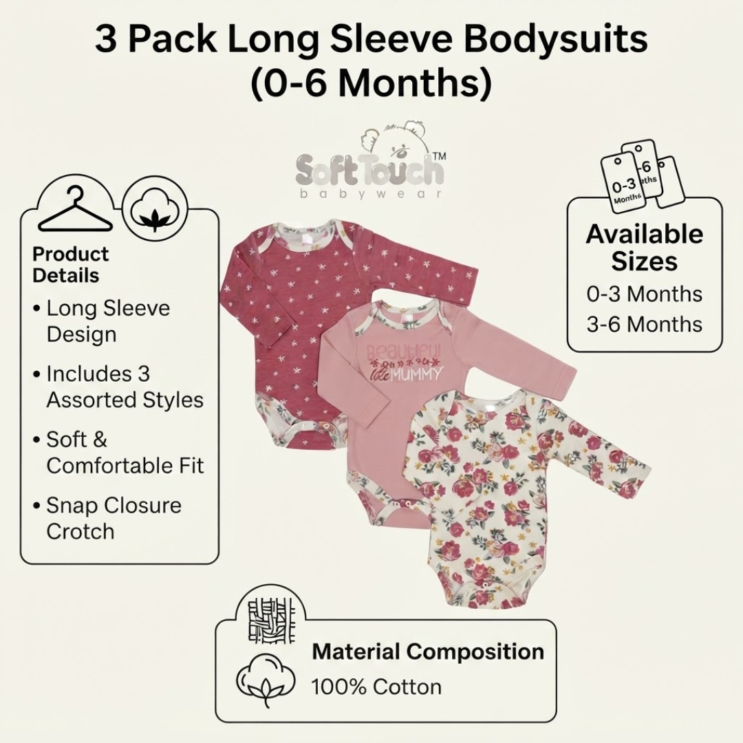 A 3-pack of long-sleeve bodysuits for babies aged 0-6 months by Soft Touch Bodywear, featuring three different styles: a dusty rose with white stars, a solid light pink, and a white with red and green floral print. The image includes product details, available sizes, and material composition information on a light beige background.