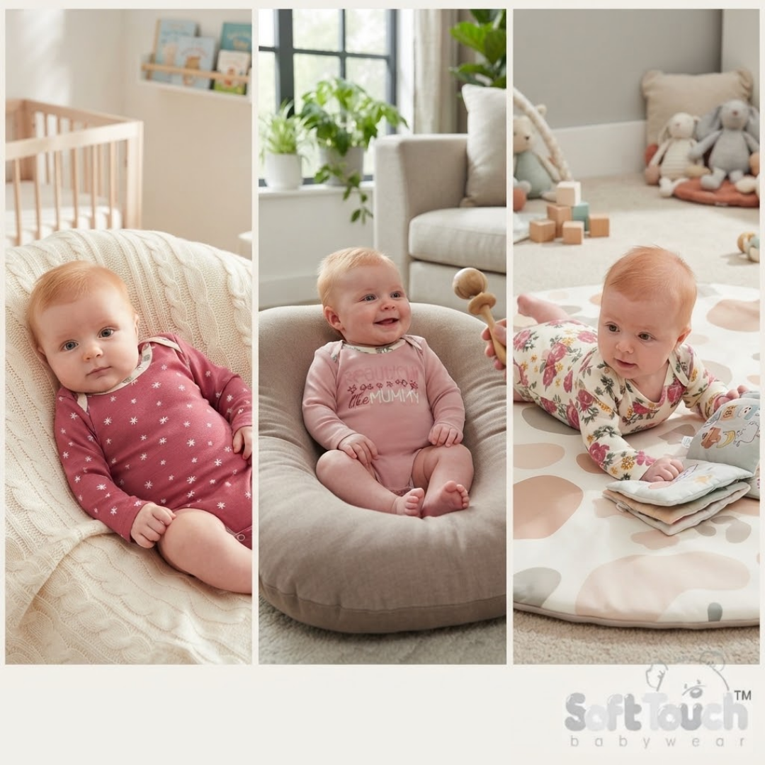 Three-panel collage of babies wearing Soft Touch babywear in different cozy indoor settings. The left panel shows a baby in a pink long-sleeve bodysuit with white polka dots lying on a cream textured blanket.