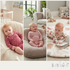 Three-panel collage of babies wearing Soft Touch babywear in different cozy indoor settings. The left panel shows a baby in a pink long-sleeve bodysuit with white polka dots lying on a cream textured blanket.