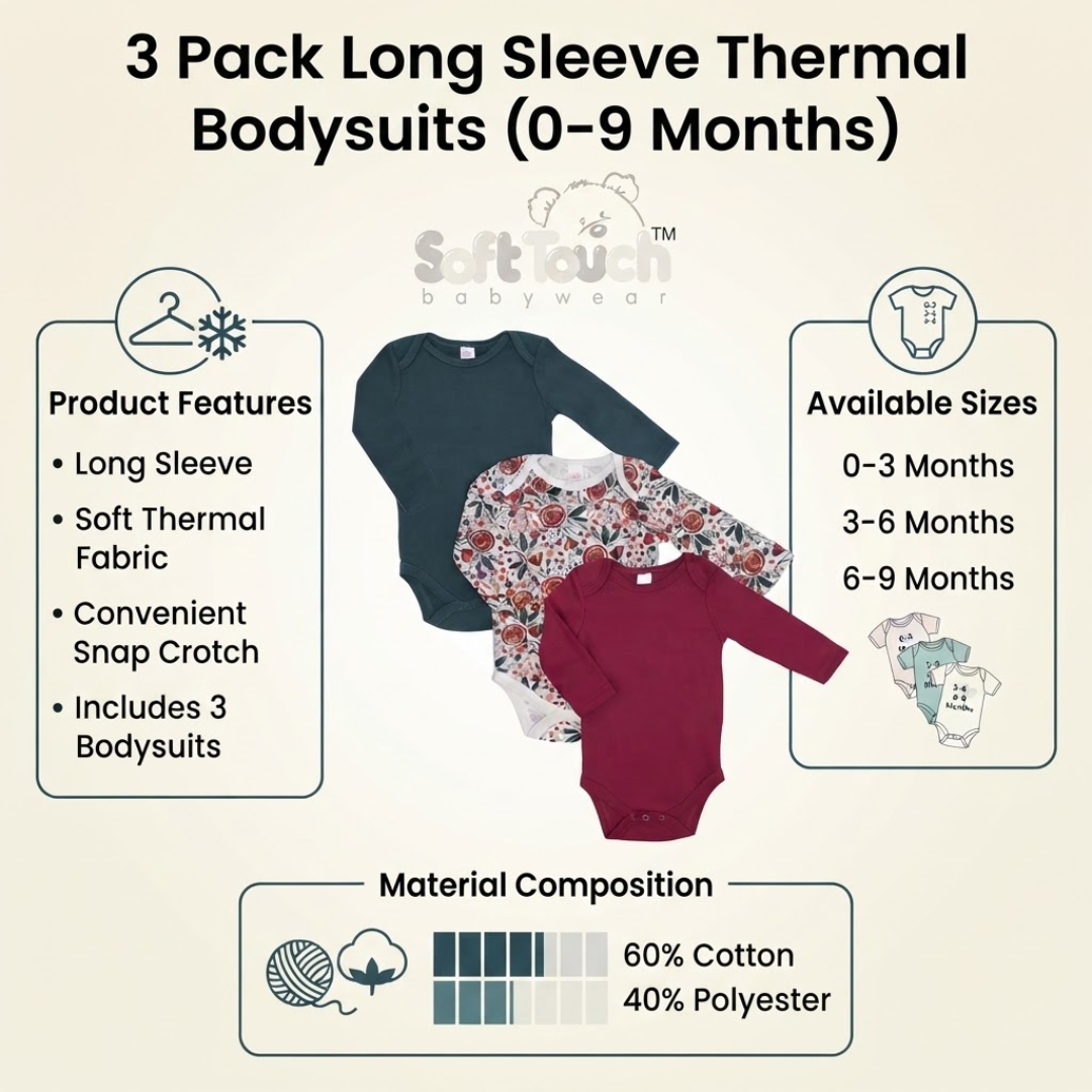 A 3-pack of long-sleeve thermal bodysuits for babies 0-9 months by Soft Touch Babywear, featuring a dark navy, a floral print, and a burgundy one-piece. The graphic includes product features, available sizes, and a material composition chart on a light beige background.