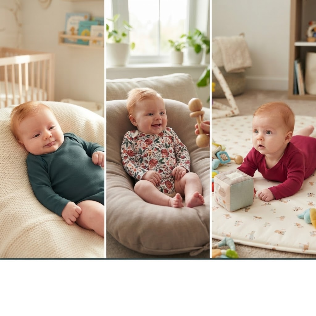 A three-panel collage showing a baby in different outfits and poses in a bright nursery: lying on a cream textured pillow in a dark green long-sleeve top, sitting in a beige crescent lounger wearing a floral one-piece, and lying on a patterned play mat wearing a burgundy long-sleeve top.