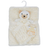 A cream-colored plush baby blanket with a teddy bear face and a matching ribbon bow, hanging on a white plastic hanger against a white background.