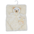 A cream-colored plush baby blanket with a teddy bear face and a matching ribbon bow, hanging on a white plastic hanger against a white background.