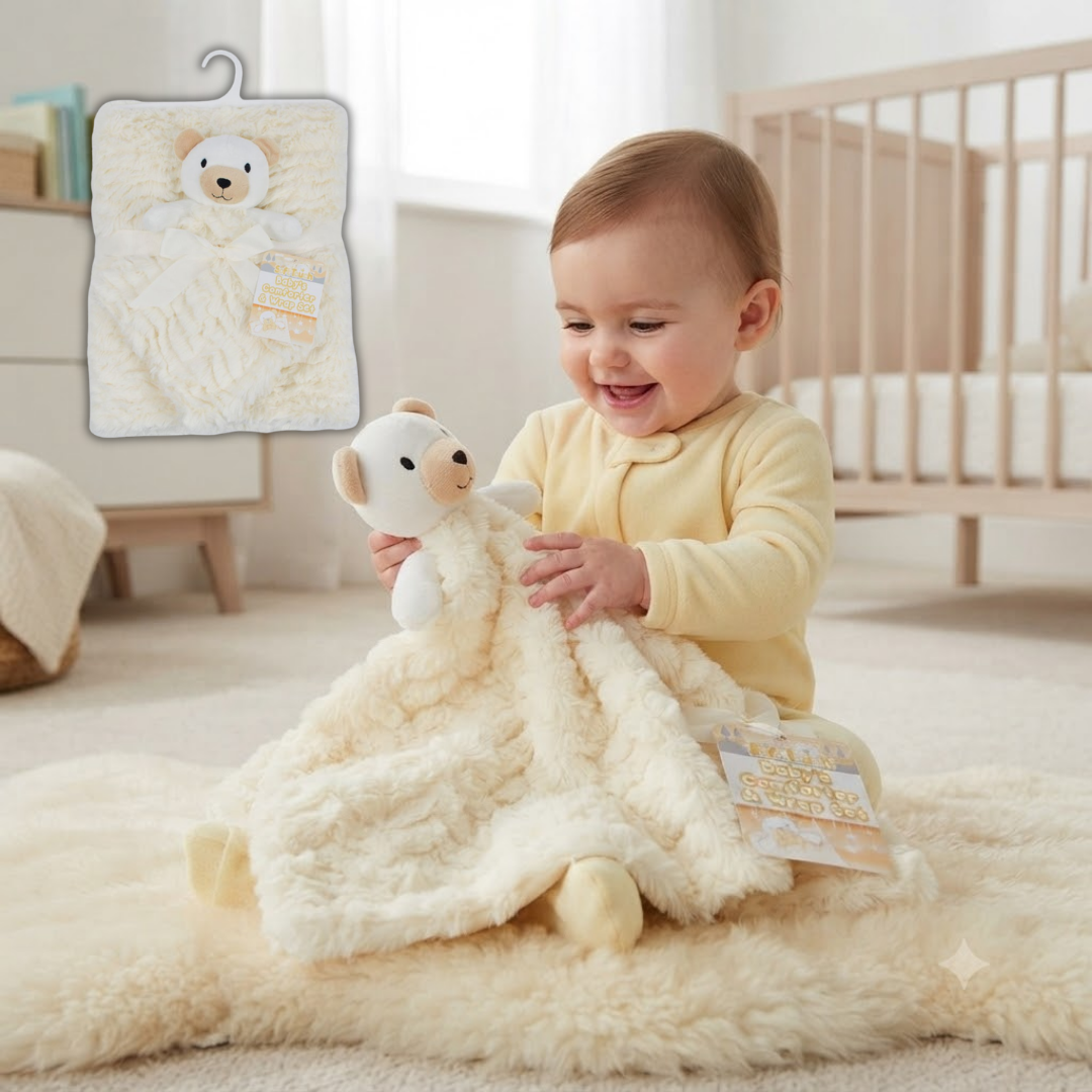 A baby sitting on a fluffy cream rug in a bright nursery, holding a plush teddy bear toy and wrapped in a soft cream blanket. A small inset in the upper left shows the blanket folded with a teddy bear illustration.
