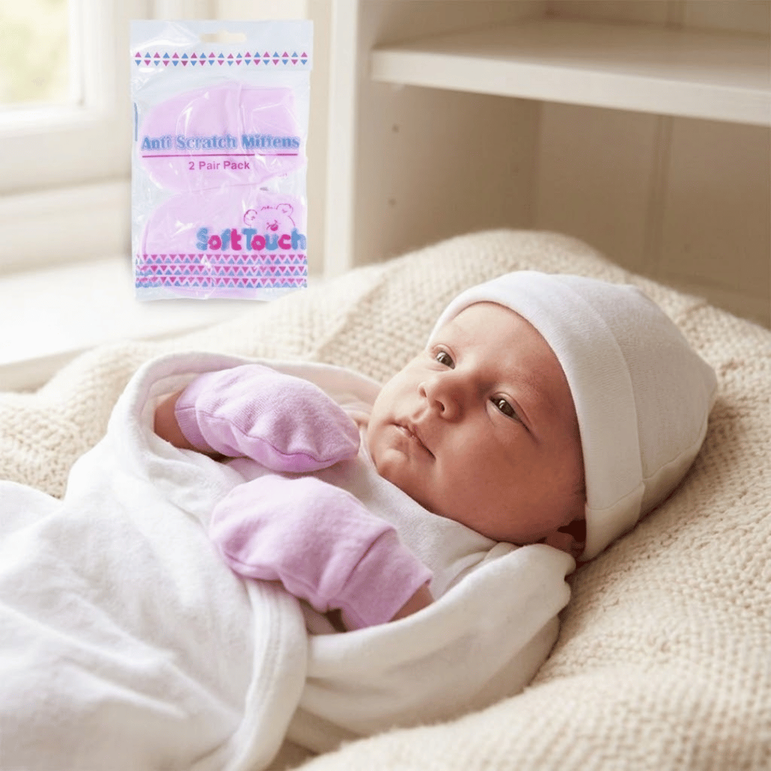 Newborn baby wrapped in white blanket with pink mittens, wearing a white hat, with a package of soft touch mittens in the background.