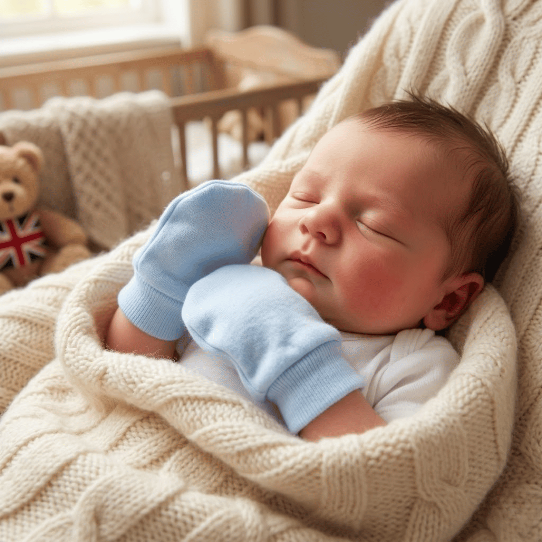 Newborn baby sleeping in a crib with blue mittens on, surrounded by soft textures and toys.
