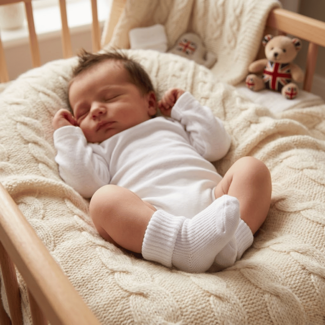 Newborn baby sleeping in a crib with a teddy bear and British flag-themed toy.