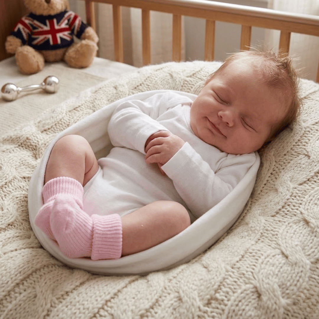 Newborn baby sleeping in a white crib with pink leg warmers, surrounded by toys.