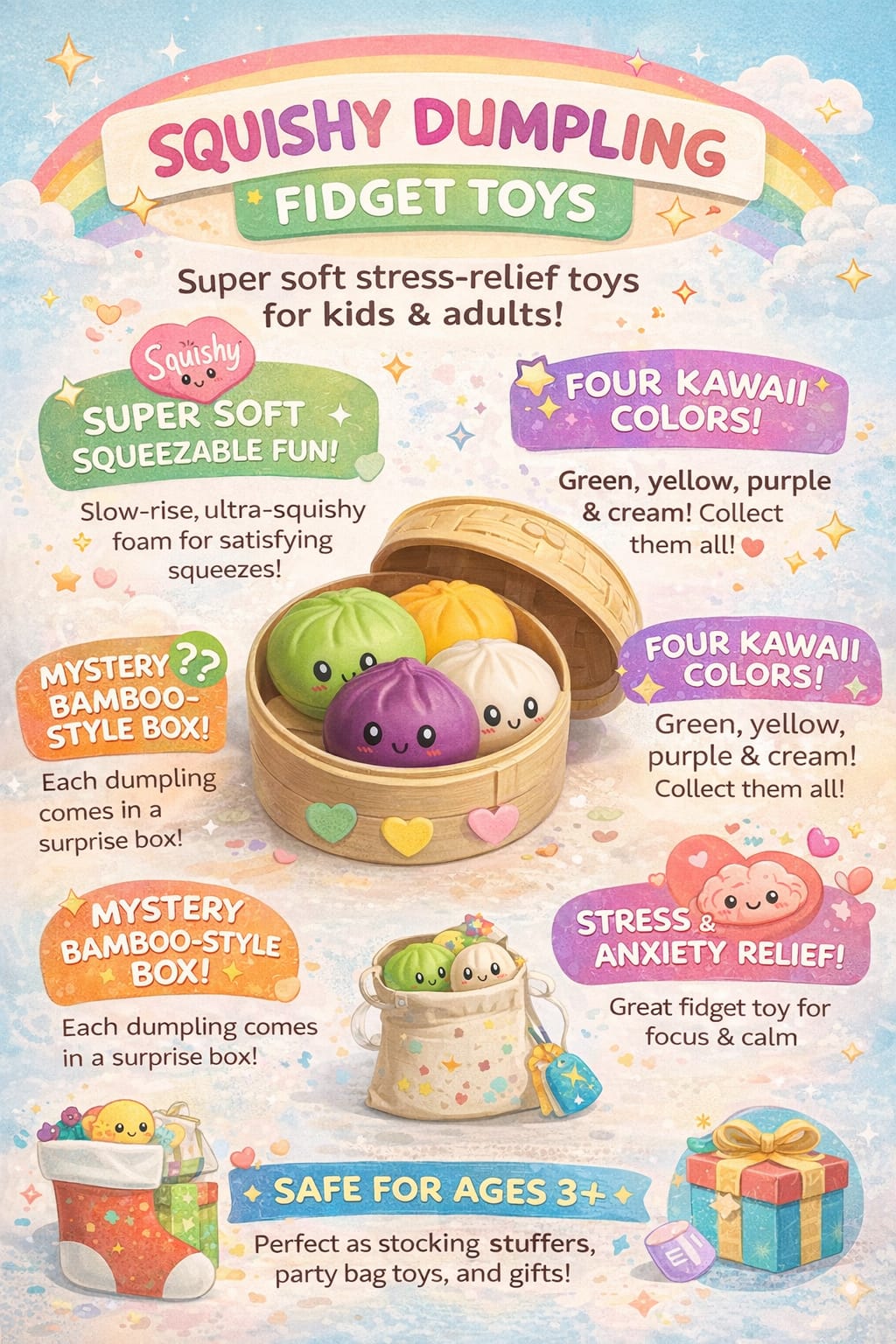 Advertisement for Squishy Dumpling fidget toys with colorful text and illustrations.
