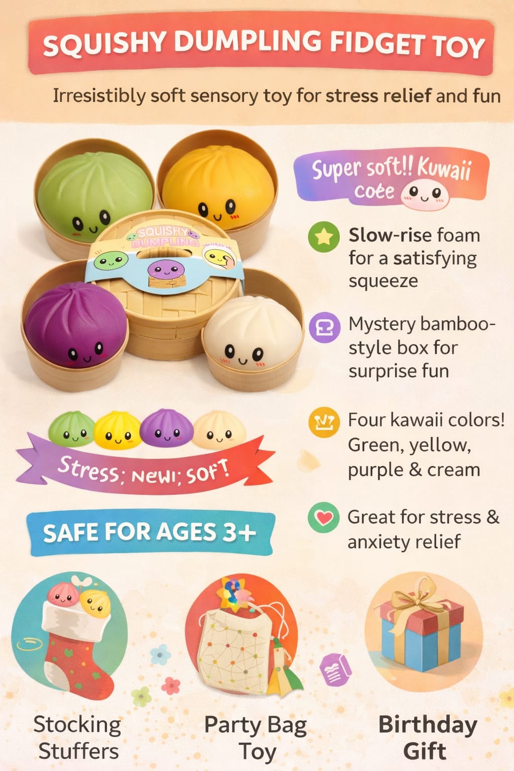 Squishy dumpling fidget toy with colorful packaging and features listed on a pink background.