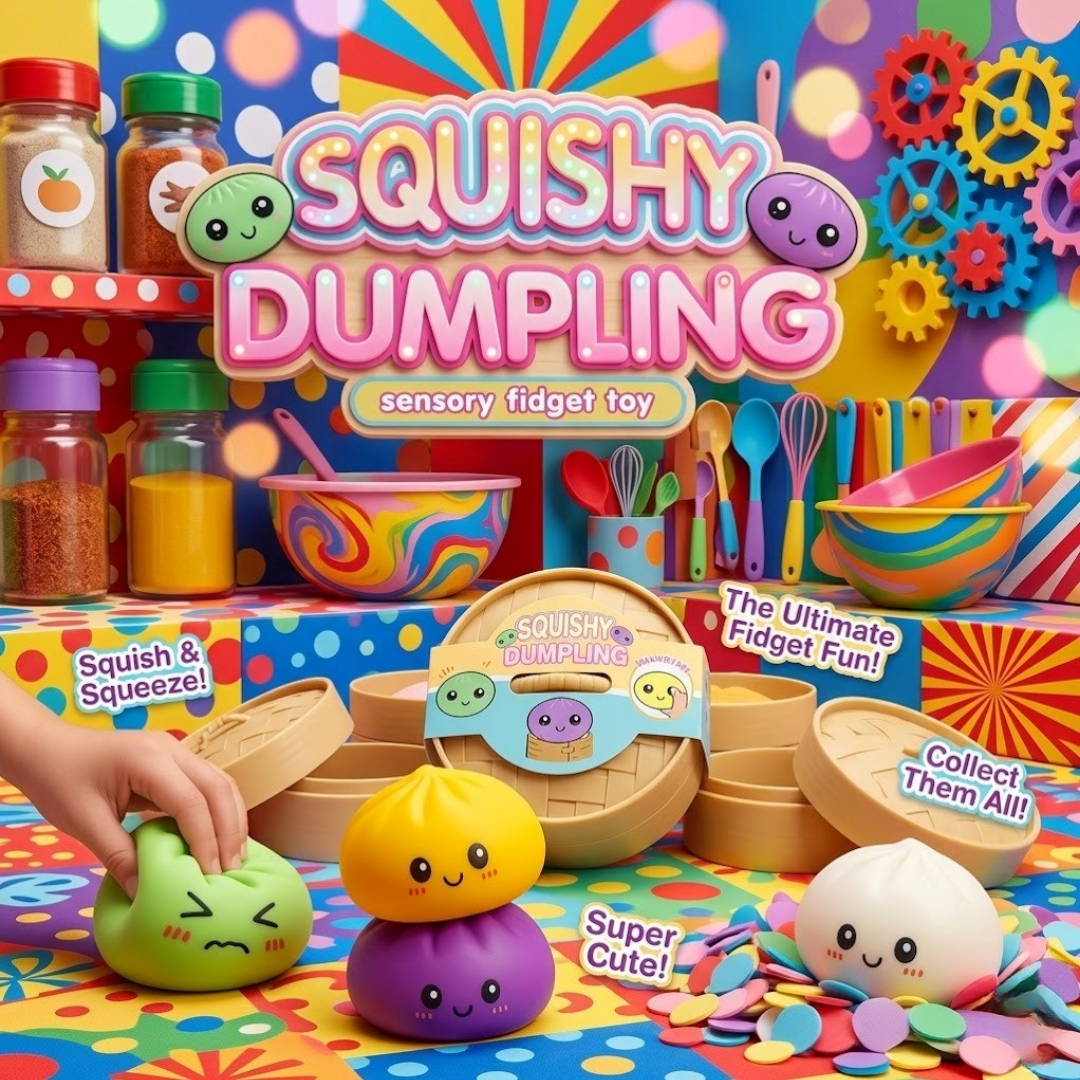 Squishy Dumpling sensory fidget toy set with colorful packaging and toys on a bright background.