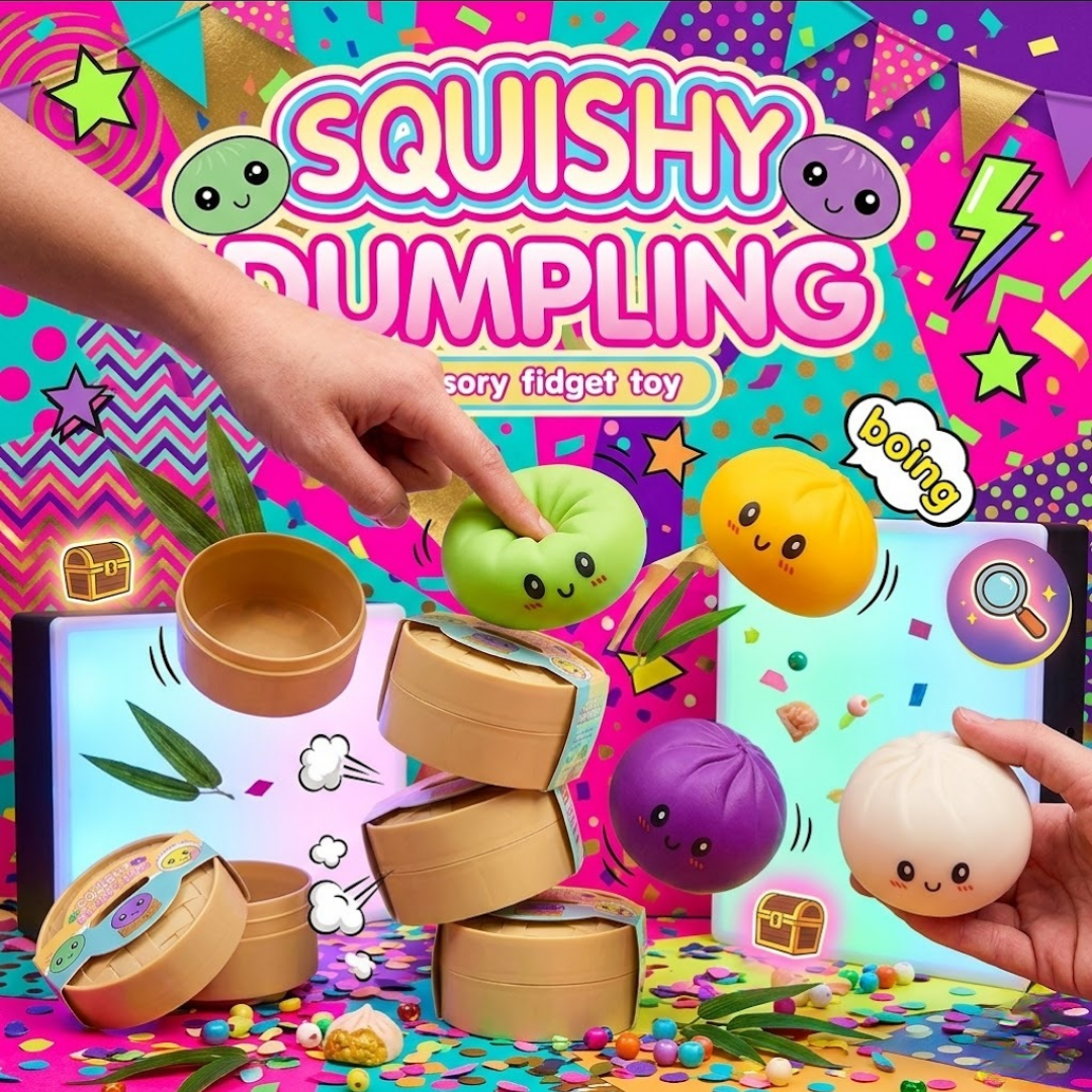 Squishy Dumpling sensory fidget toy with colorful packaging and cartoon characters.