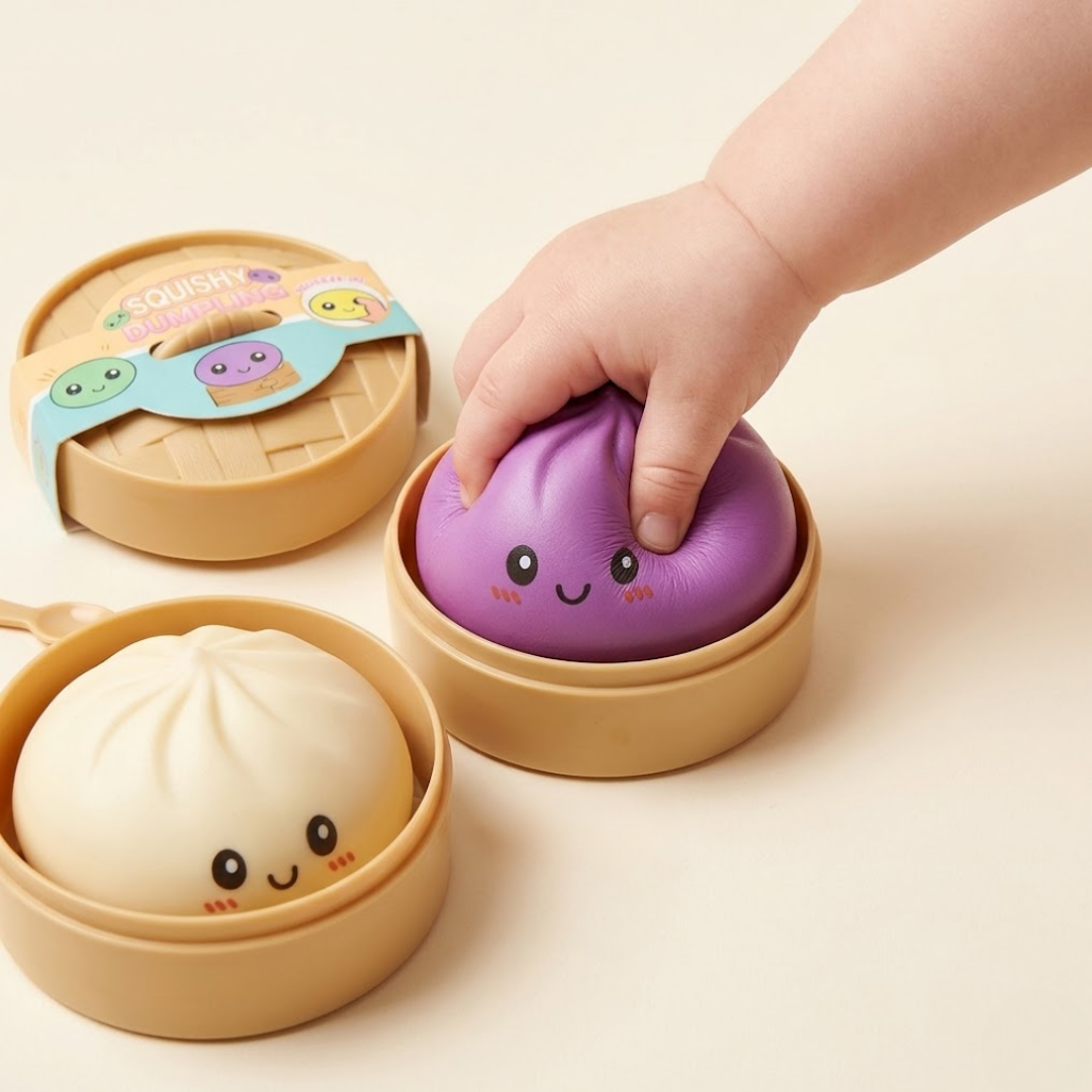 Child's hand reaching into a small bamboo steamer with a purple dumpling toy, on a beige background.