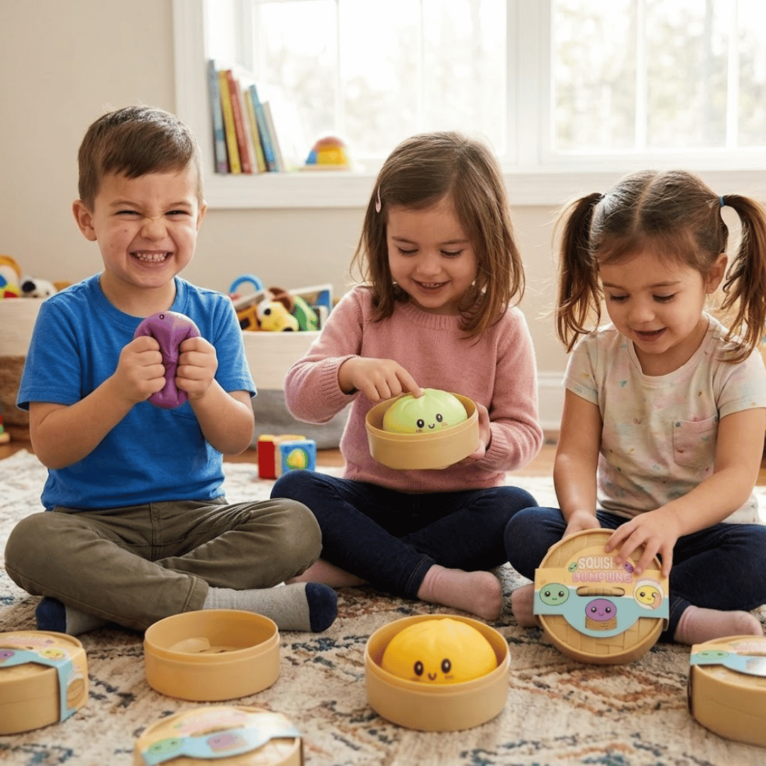 Three children playing with wooden toys on a rug in a room with books and toys in the background.