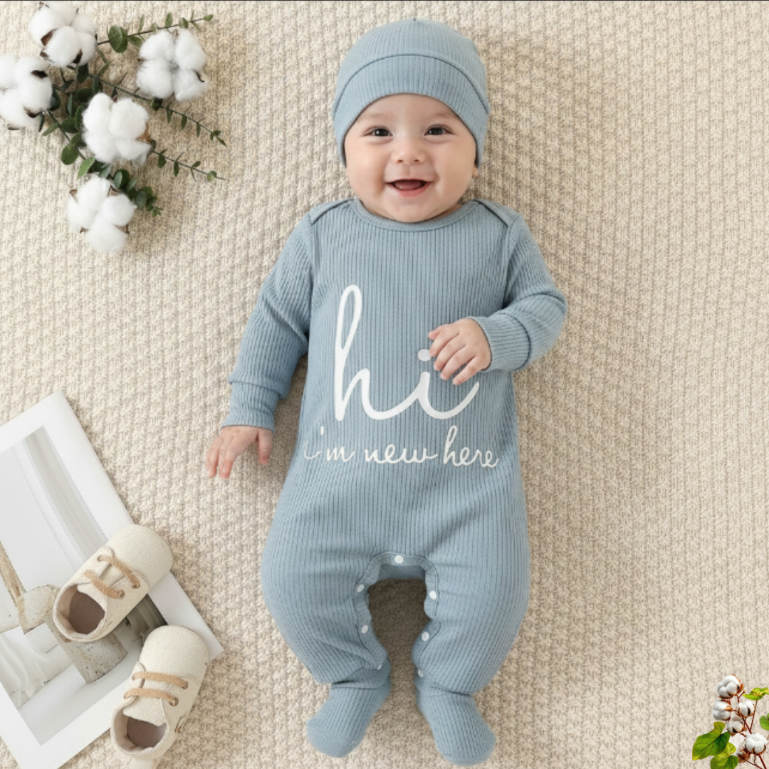 Boys Cute Letter Print Romper Set – Knit Outfit with Hat & Socks