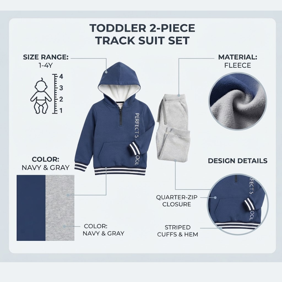 A baby footed sleeper set laid flat on a cream fabric background, including a navy blue and white long-sleeve sleeper with embroidered car details on the chest, and a matching navy blue and white beanie hat.