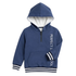 A navy blue kids' zip-up hoodie with a white hood lining, featuring 'PERFECT SCHOOL' printed vertically in white on the right sleeve, ribbed cuffs and hem with white stripes, and a front kangaroo pocket.