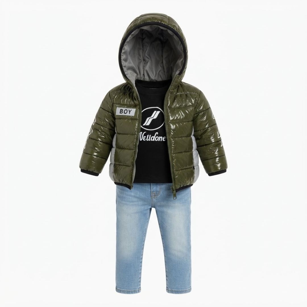 A toddler boy's outfit consisting of an olive green hooded puffer jacket with a black graphic t-shirt underneath and light blue jeans, displayed on a white background.