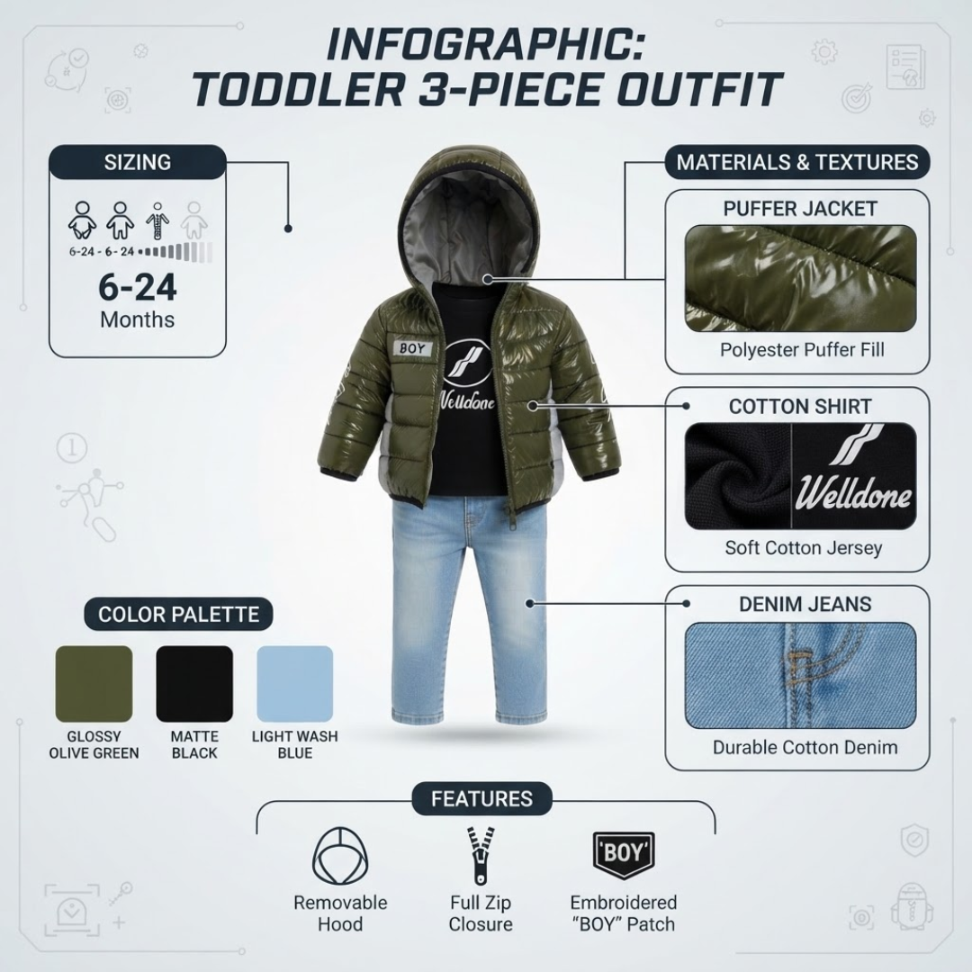 An infographic detailing a toddler's 3-piece outfit, featuring a size chart, material descriptions for an olive green puffer jacket, black t-shirt, and blue jeans, and a color palette at the bottom.