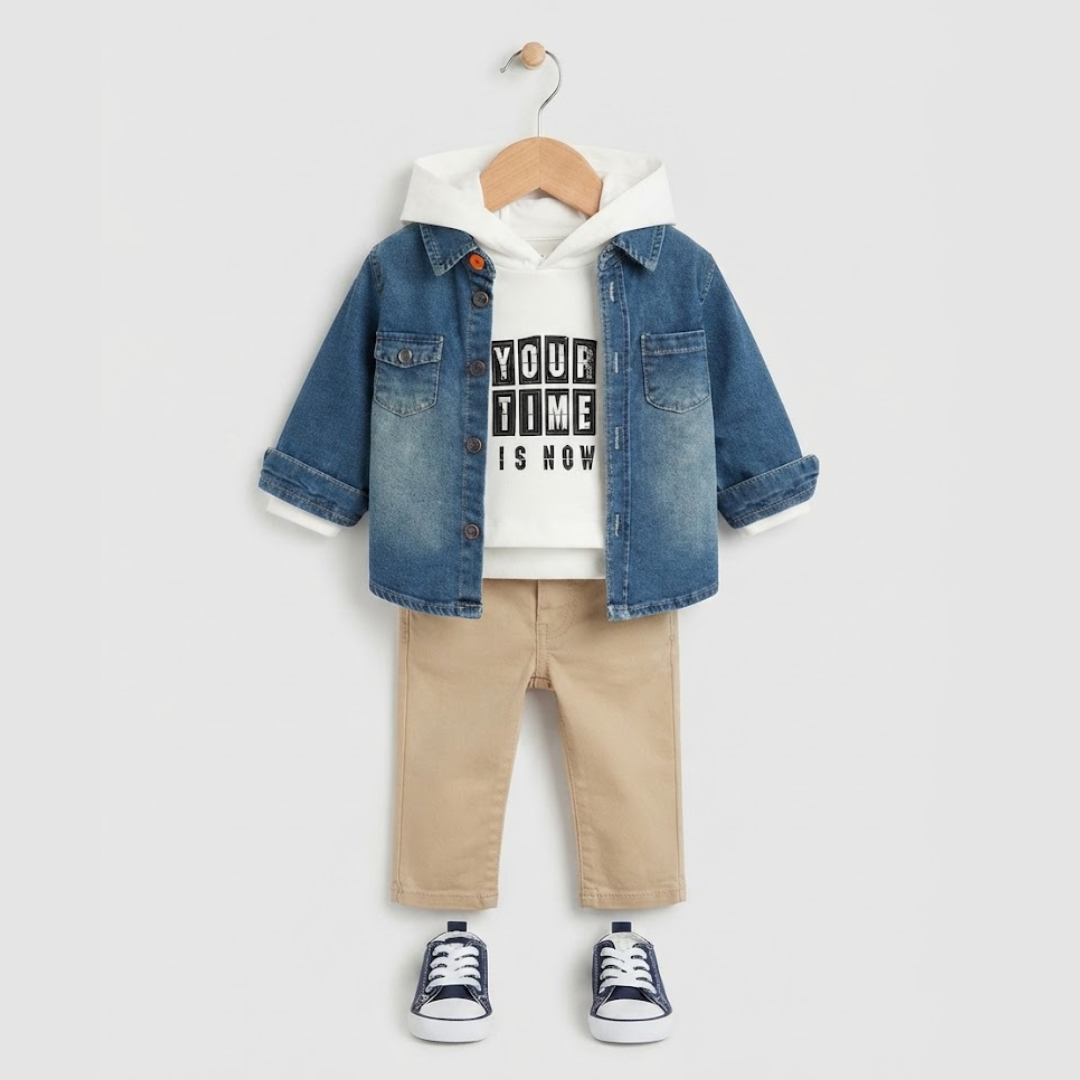 A toddler boy's casual outfit set displayed on a wooden hanger against a light gray background. The outfit includes a blue denim jacket with rolled cuffs over a white hoodie with a black graphic print, paired with beige pants and navy blue sneakers with white laces.