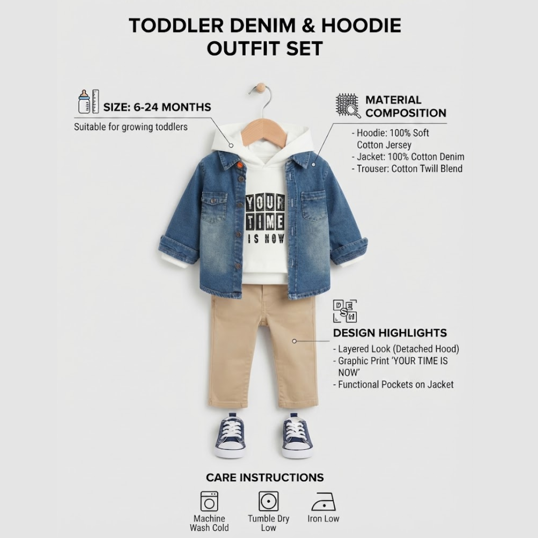 Toddler denim and hoodie outfit set displayed on a hanger against a light gray background, with text callouts showing size, material composition, design highlights, and care instructions. The outfit includes a blue denim jacket, beige pants, a white hoodie with a black graphic print, and blue-and-white sneakers.