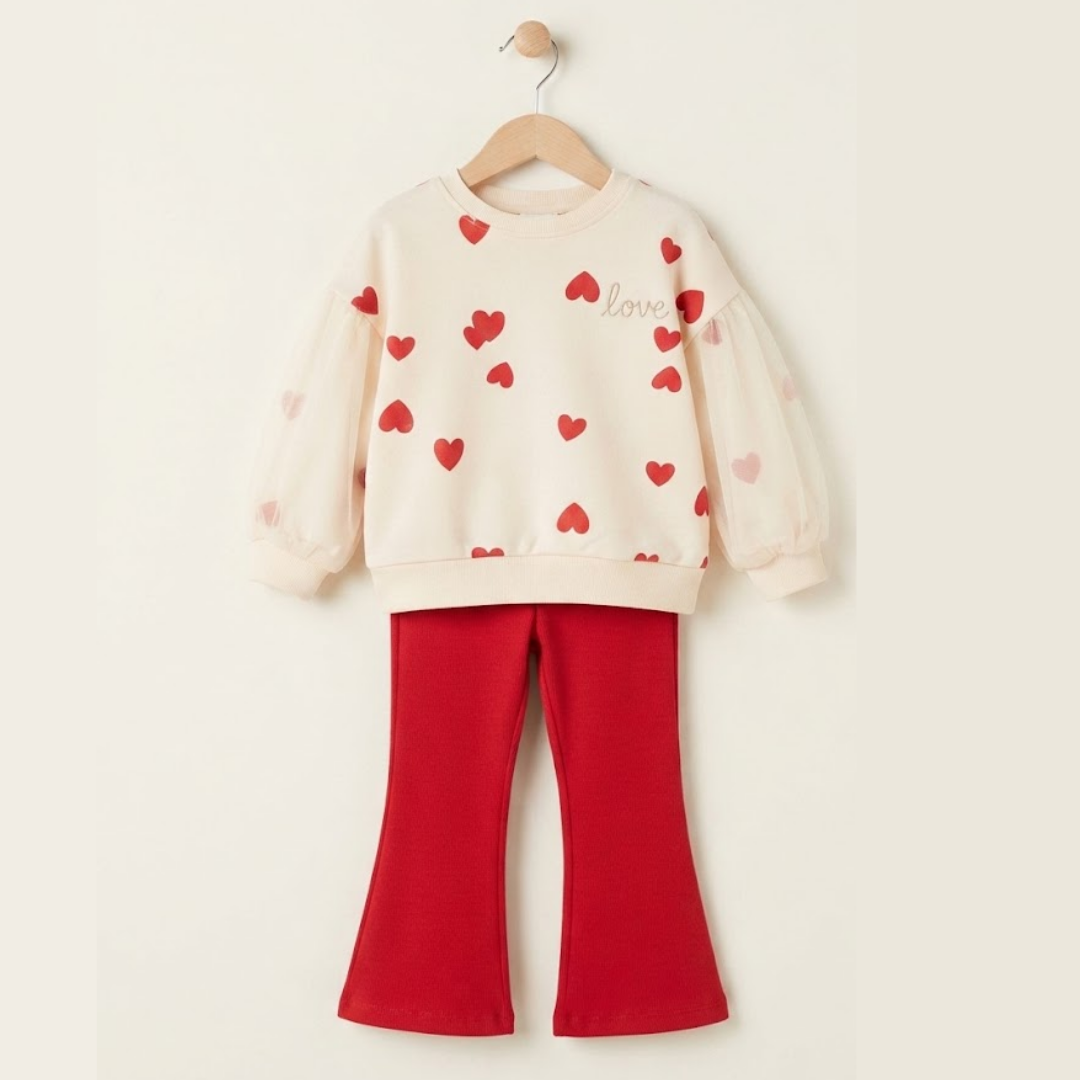 A children's two-piece outfit hanging on a wooden hanger against a plain light beige wall. The set includes a cream sweatshirt with red heart prints and the word 'love' on the chest, paired with bright red flared pants.