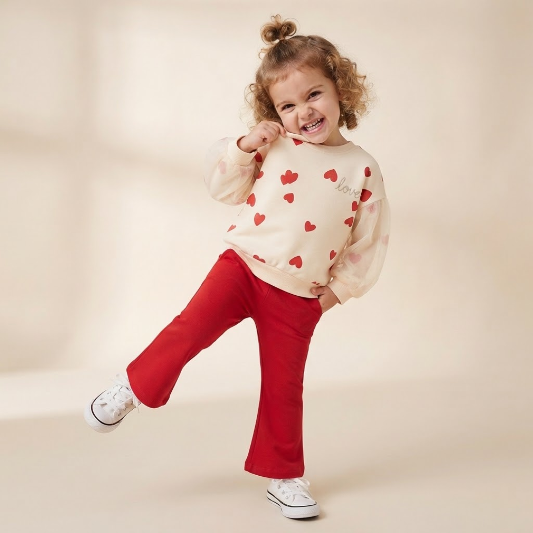 A toddler girl posing in a cream sweatshirt with red hearts, red pants, and white sneakers against a warm beige studio background.