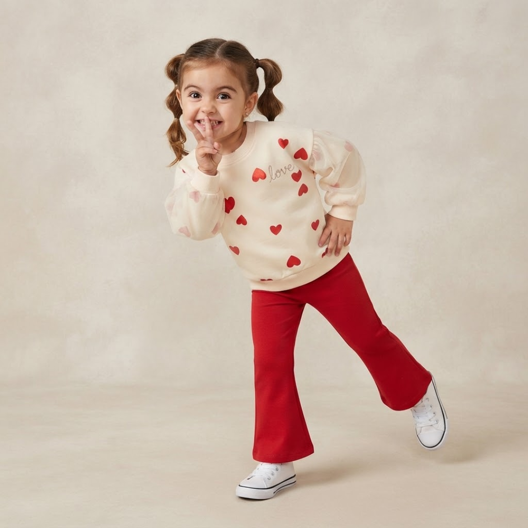A young girl with pigtails poses in a cream sweatshirt decorated with red hearts, paired with bright red flared pants and white sneakers, against a neutral beige studio backdrop.