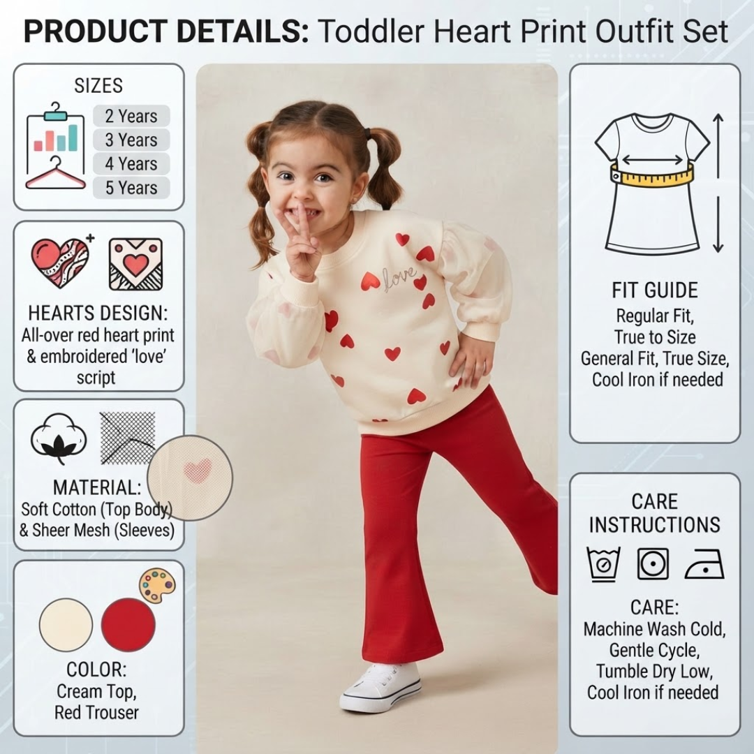 Toddler heart print outfit set product details infographic featuring a young girl modeling a cream long-sleeve top with red hearts and red trousers, surrounded by sizing, fit guide, material, color, and care instructions.