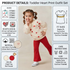 Toddler heart print outfit set product details infographic featuring a young girl modeling a cream long-sleeve top with red hearts and red trousers, surrounded by sizing, fit guide, material, color, and care instructions.