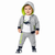 A toddler wearing a heather gray two-piece tracksuit with a zip-up hoodie and matching joggers, featuring a white graphic t-shirt underneath and navy sneakers, photographed against a solid white background.