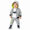 A toddler wearing a heather gray two-piece tracksuit with a zip-up hoodie and matching joggers, featuring a white graphic t-shirt underneath and navy sneakers, photographed against a solid white background.