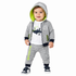 A toddler wearing a heather gray two-piece tracksuit with a zip-up hoodie and matching joggers, featuring a white graphic t-shirt underneath and navy sneakers, photographed against a solid white background.