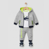 A baby boy's three-piece casual tracksuit set hanging on a wooden hanger against a light gray background. The set includes a heather gray zip-up hoodie with a bright lime green hood lining, navy blue cuffs and hem, and green zipper accents; matching heather gray joggers with navy cuffs and lime green 'SPORTS' text; and a white graphic t-shirt with navy print and 'cool sports' text.