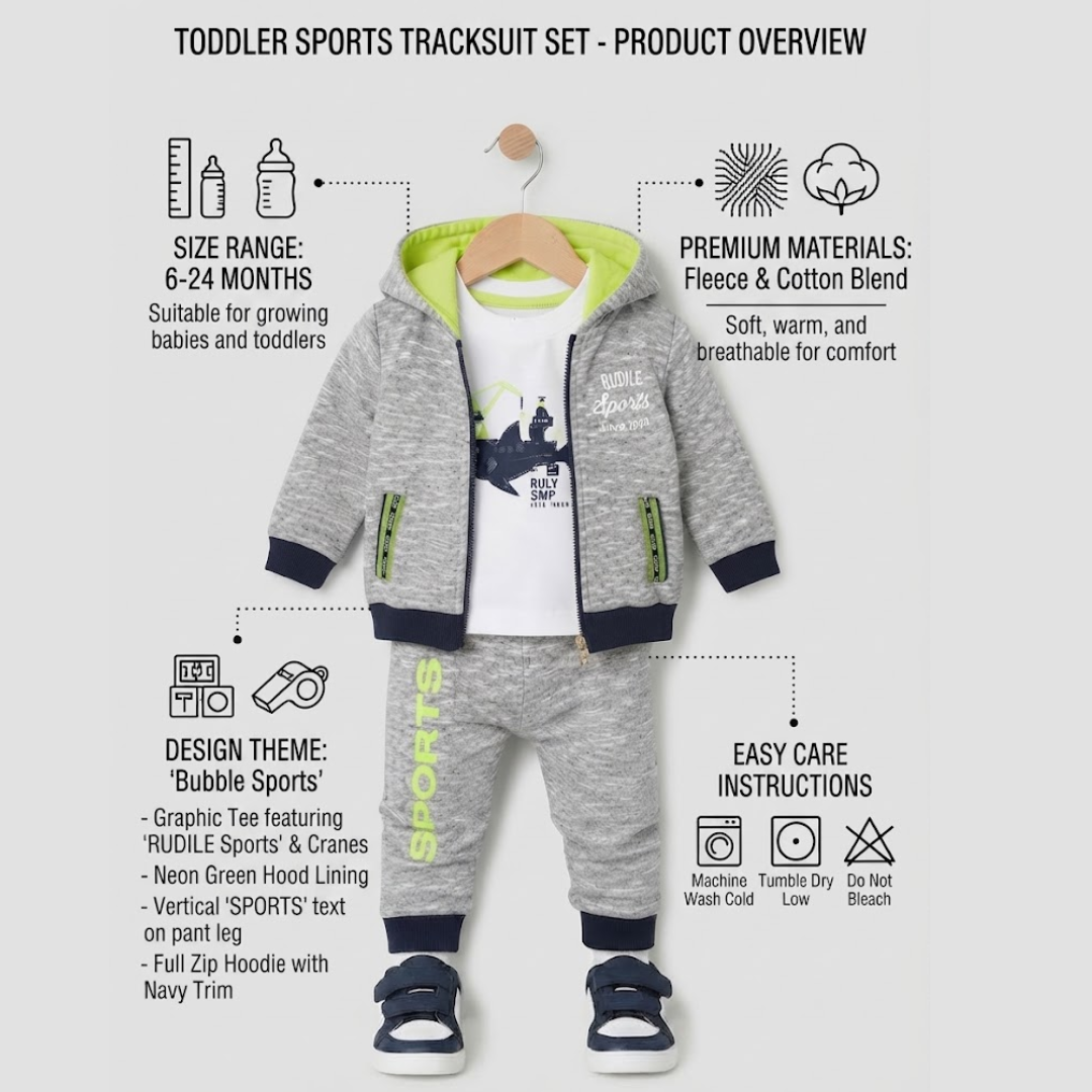 Toddler sports tracksuit set displayed on a hanger against a light gray background, with informational callouts around the product. The set includes a heather gray zip-up hoodie with a bright green hood lining, navy cuffs and hem, a white graphic tee, navy pants with green 'SPORTS' text, and navy/blue sneakers.