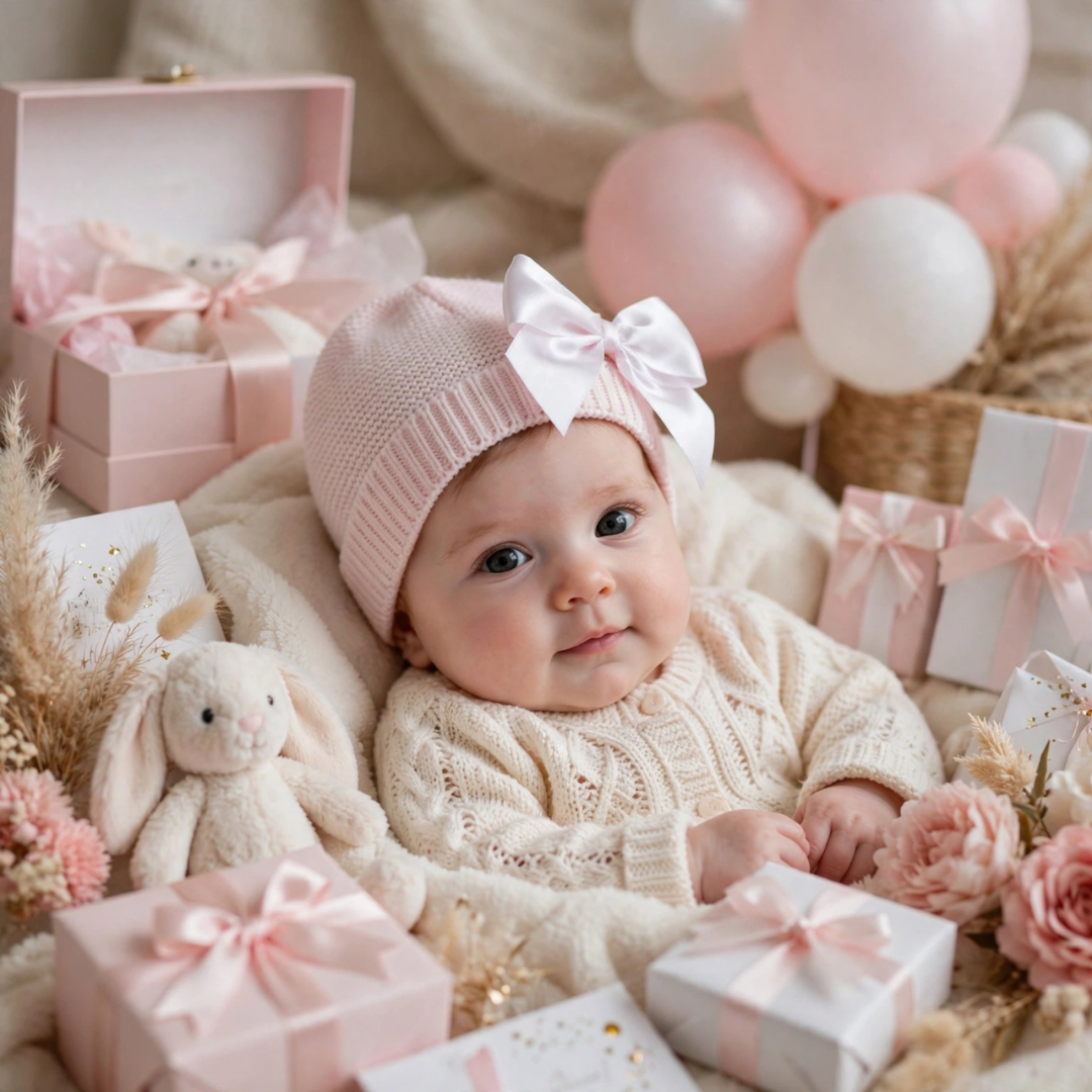 A baby girl wearing a light pink knit beanie with a white satin bow and a cream cable-knit sweater, lying surrounded by pink gifts and balloons.