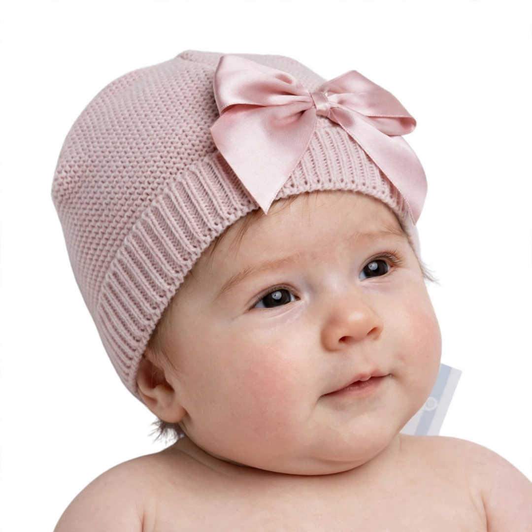 Baby wearing a dusty pink knit beanie with a bow.