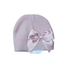 A dusty pink knit baby beanie featuring a large matching satin bow on the front.