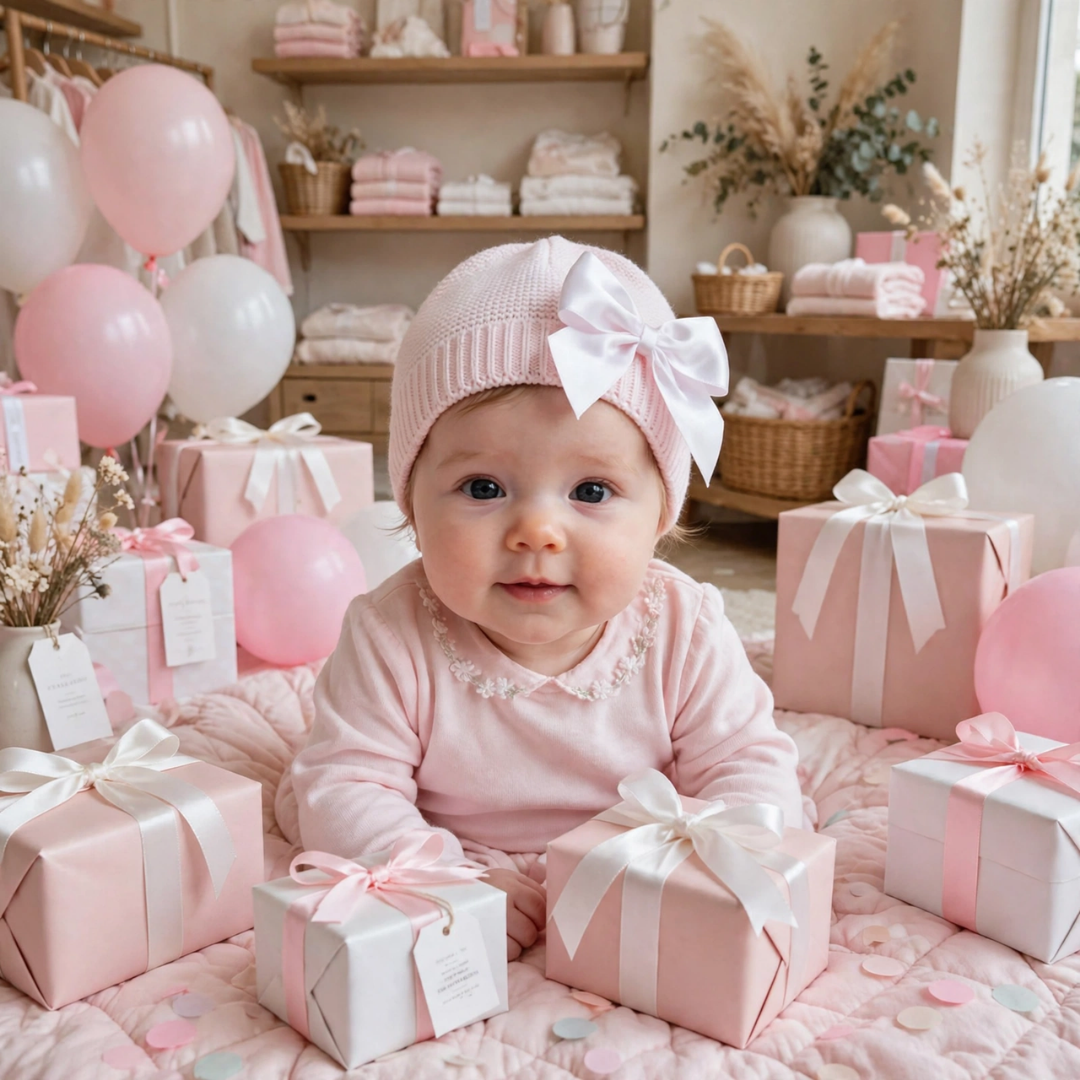 A baby girl lying on her tummy on a quilted pink blanket surrounded by pink and white gift boxes and balloons, wearing a pale pink long-sleeve top and a light pink knit beanie with a white satin bow.