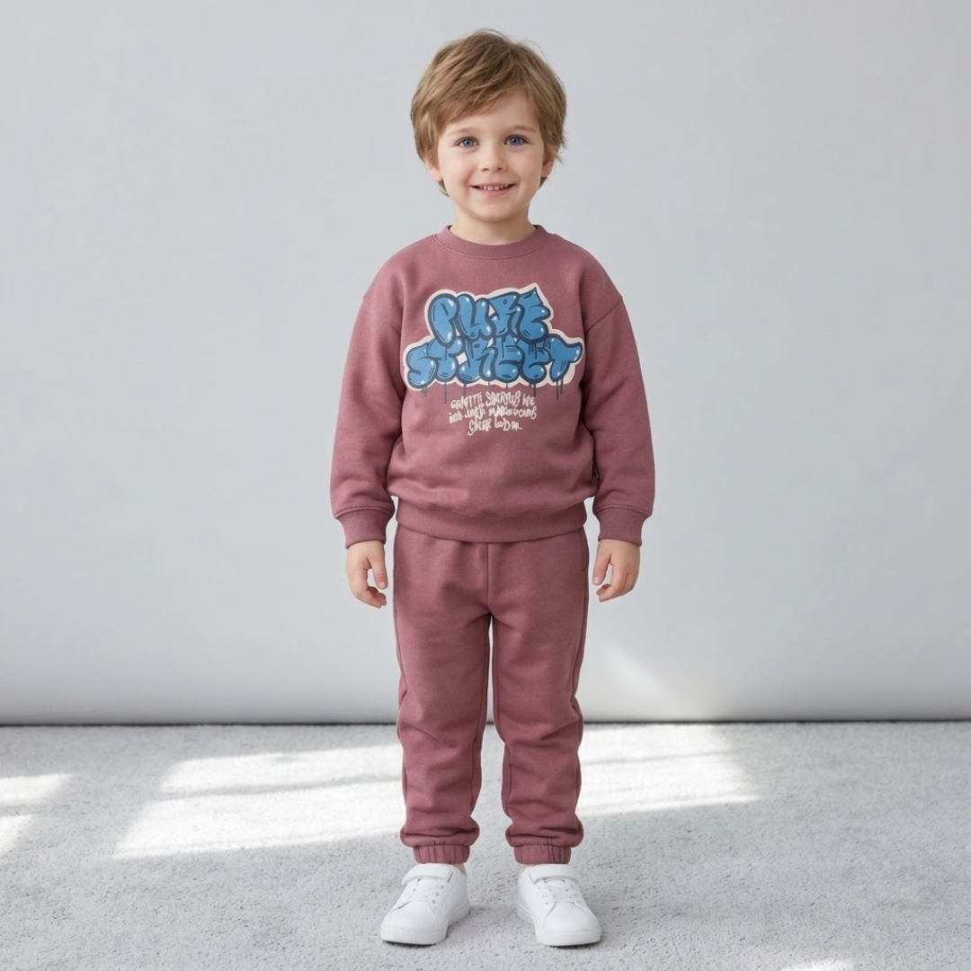 A young child wearing a dusty rose sweatshirt and matching sweatpants set with a blue graphic on the chest, standing against a light gray wall.
