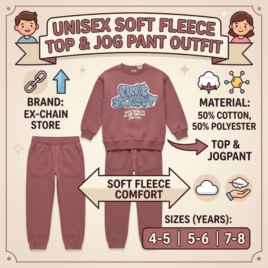 A children's unisex soft fleece top and jog pant outfit in dusty rose pink, shown with the sweatshirt and matching pants on a beige infographic-style background. The image includes text describing the brand as 'EX-CHAIN STORE', material as 50% cotton and 50% polyester, and sizes for years 4-5, 5-6, 7-8.