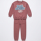 A two-piece kids' sweatshirt and jogger set in a dusty rose color, featuring a graphic print on the chest with the words 'Dusty Rose' in blue-gray bubble letters and smaller white text underneath, displayed on a clean white background.
