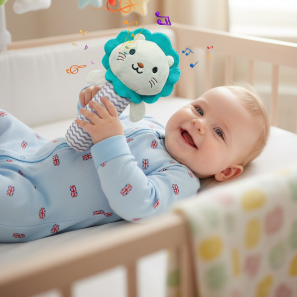 Baby lying in a crib holding a lion-shaped toy, smiling.