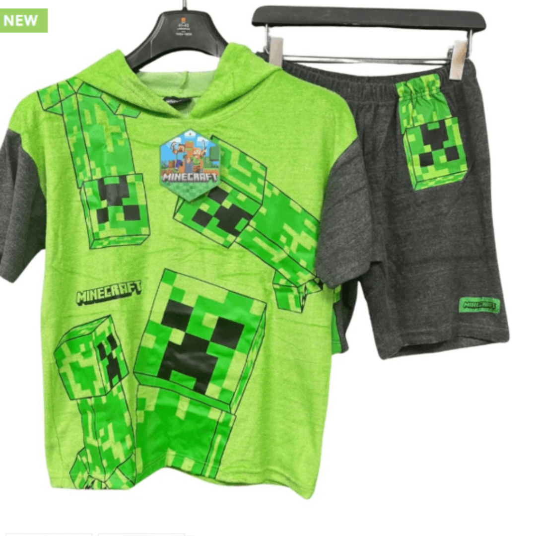 Green hoodie and gray shorts set with Minecraft character design on a hanger against a white background.